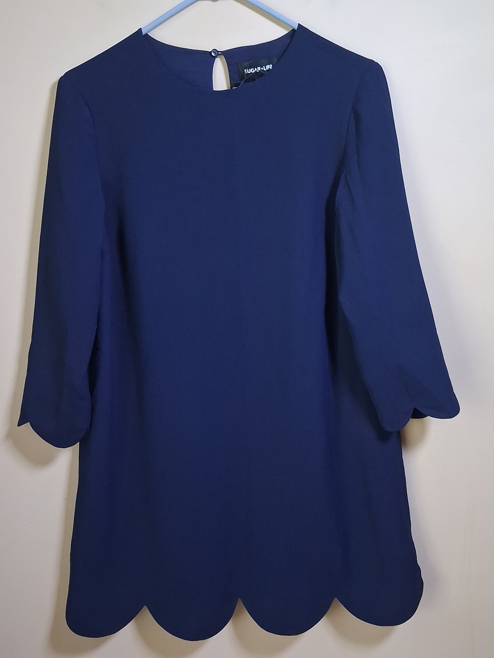 Sugar Lips NWT "Floating On A Cloud" Navy Dress Scalloped Sleeve & Hem; Size XS
